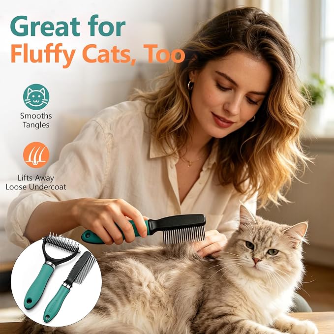 Dog Brush and Cat Deshedding Rake, Pet Grooming Tool for Shedding with Rounded Stainless Steel Teeth, Comfortable Grip for Long or Thick Coats (Green with Comb)