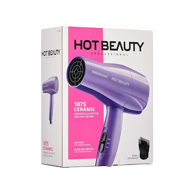 Hot Beauty 1875 Ceramic Hair Dryer, Powerful Fast Drying, Multi-Setting with Comb Attachment, Additional Detangler Included, Slide Bar Switch, Compact for Home & Travel (Purple)
