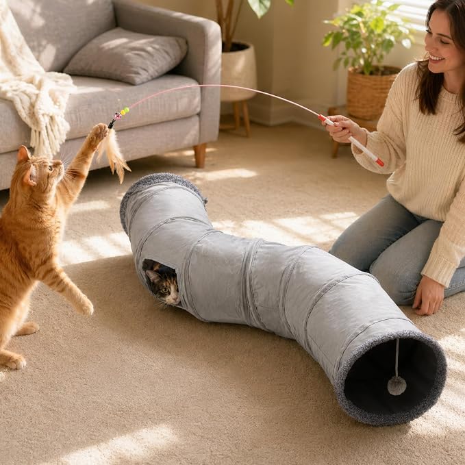 XIAPIA Cat Tunnel for Indoor Cats, 6-in-1 Collapsible Crinkle Play Tunnel with Interactive Roller Track Ball, Cat Enrichment Toys for Kittens Rabbits, Exercise Hide & Seek Tube for Indoor Outdoor Play