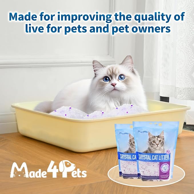 Made4Pets Cat Litter Crystals, Non Clumping Cat Litter Odor Control Silica Gel Cat Litter Non Clumping Low Dust, Low Tracking, Lightweight, Dehydrates Waste, Lavender – 8.6 lbs (2 x 4.3 lb Packs)