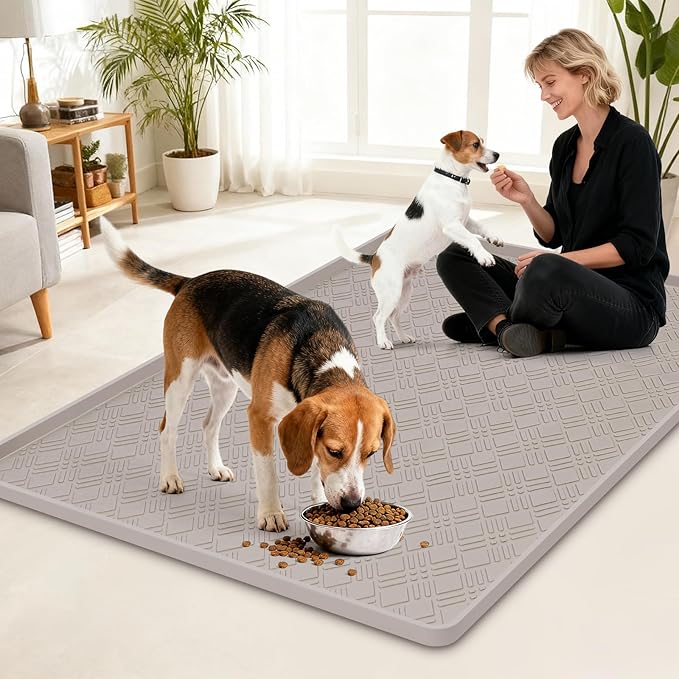 Dog Food Mat, 42" x29" Large Silicone Mat Dog Feeding Mat with Raised Edge Non-Slip Pet Feeding Mat for Food and Water Bowl, Easy to Clean, Floor Protection (Beige)