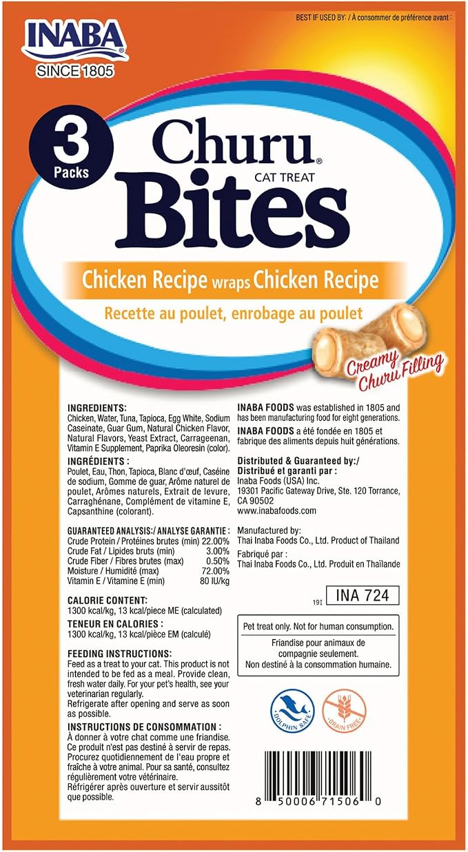 INABA Churu Bites for Cats, Soft/Chewy Baked Chicken Wrapped Churu Filled Cat Treats with Vitamin E, 0.35 Ounces per Tube, 24 Tubes Total (3 Tubes per Pack), Chicken Recipe