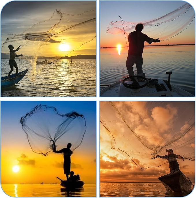 Handmade American Cast Net, BalanZze Casting Fishing Net for Bait Trap Fish, Throw Nets with Zinc Sinker Weights for Freshwater & Salt Water (3/4/5/6/8/9/10 Ft, 1/2 Inch Mesh Size)