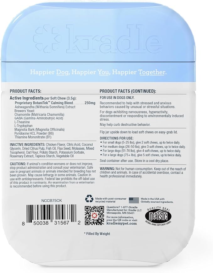 Kradle Calming Chews for Dogs - Anxiety and Stress Support - L-Theanine Ashwagandha GABA - Calming Supplement for Relaxation and Stress - Chicken Flavor- 150 Non-Drowsy Chews