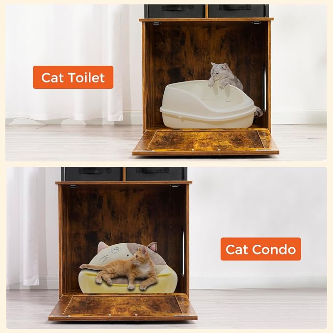 Dwanton Litter Box Enclosure with 2 Storage Shelves and 2 Drawers, 2-in-1 Hidden Cat Litter Box Enclosure Furniture with Shelf, Reversible Entrance, Washable Drawers, 50-Inch, Rustic Brown