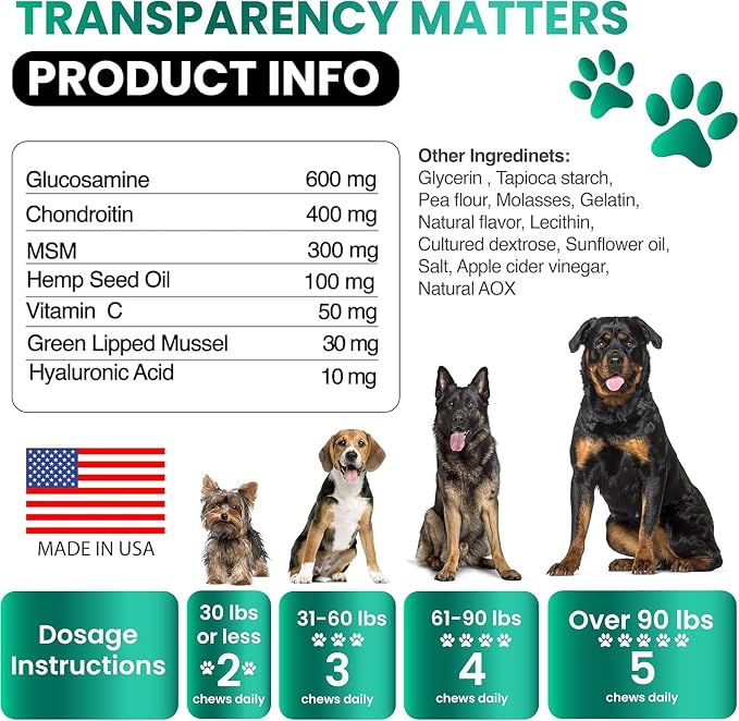 Grateful Pawz Hemp Hip and Joint Supplement for Dogs - Glucosamine for Dogs - 160 Joint Pain Relief Treats - Chondroitin, MSM - Advanced Health Supplement - Beef Liver Flavor - Made in USA