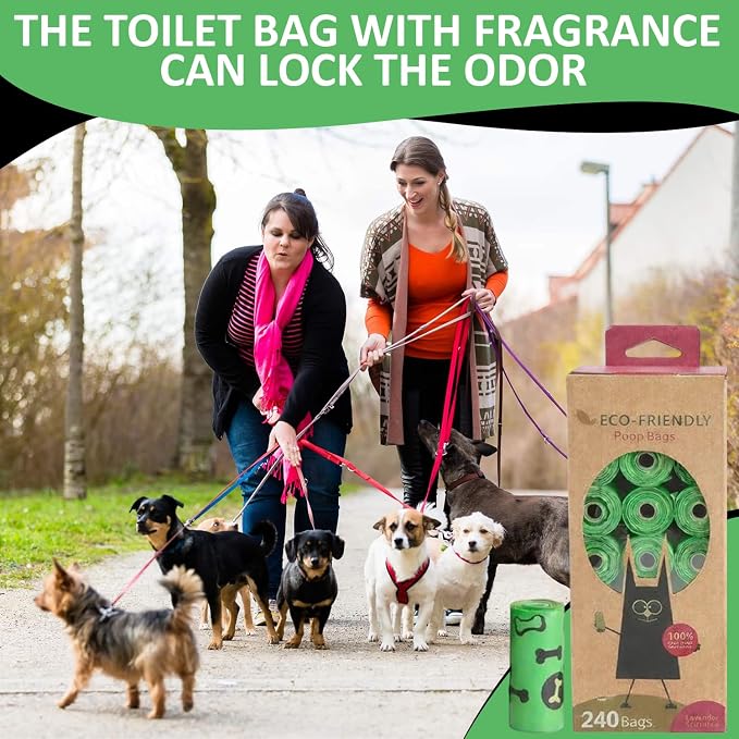 MEADOWS & MUTTS Dog Poop Bags with Dispenser - 240 Count Compostable Biodegradable Plant Based Pet Waste Bags | Leak Proof Extra Thick | Lavender Scented Puppy Poop Bags