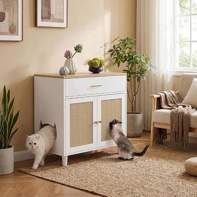 PeakPursuit Hidden Litter Box Enclosure Furniture, 31.5'' Wooden Self Cleaning Litter Box Cabinet with Storage Drawer and Sisal Doors, Corner Cat Kitten Cabinet Side Table White