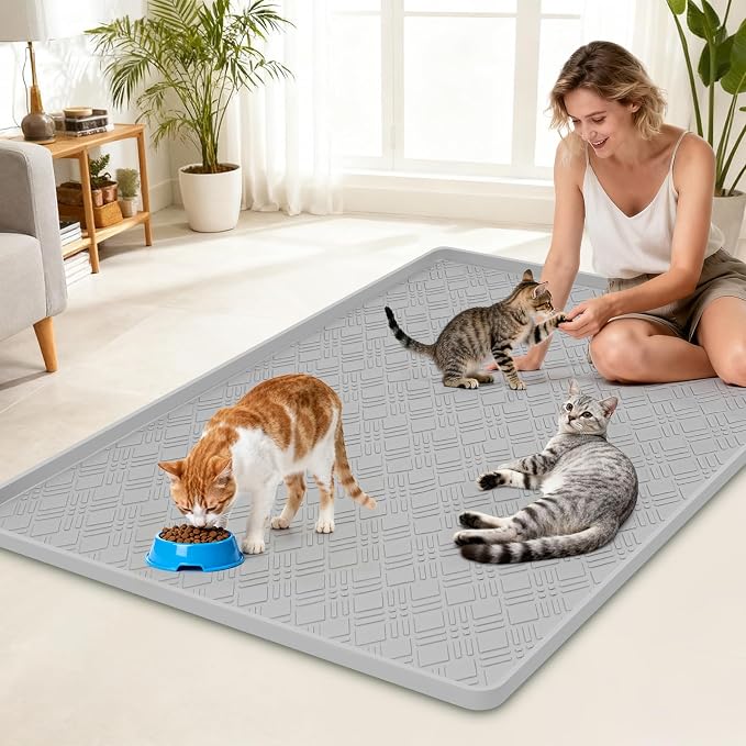 Cat Food Mat, 42" x 29" Large Silicone Mat Cat Feeding Mat with Raised Edge Non-Slip Pet Feeding Mat for Food and Water Bowl, Easy to Clean, Floor Protection (Light Gray)