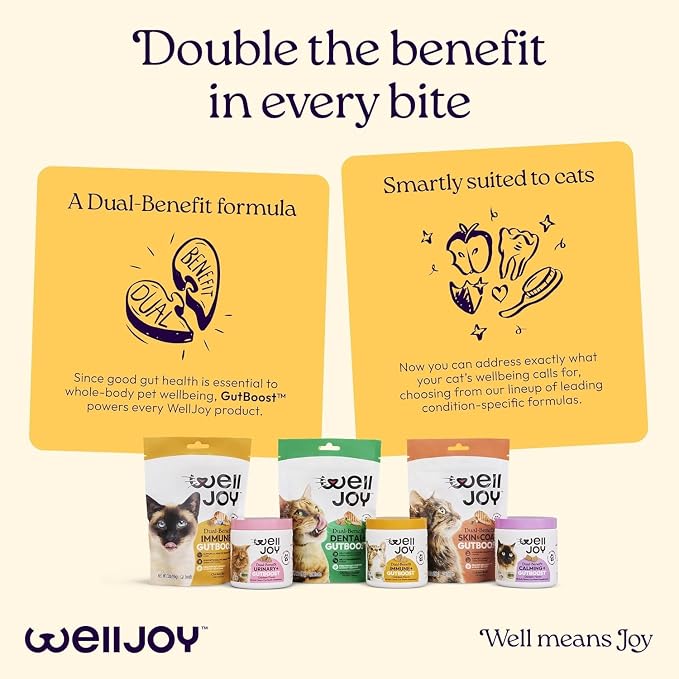 New! WellJoy Cat Supplement Immune+ GutBoost | Cat Health Supplement | with Lysine | Enhances Immune Response | Dual-Benefit Formula | Vet Formulated | Made in USA | Chicken Flavor | 90 Soft Chews