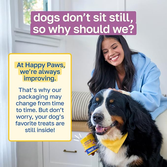 Happy Paws Calming Chews for Dogs, Relaxation & Anxiety Support for All Breeds & Ages, Dog Sleep Aid with L Theanine & Chamomile, Vegan Peanut Butter Flavor, Organic, Non GMO, Soft Chews (100 Count)