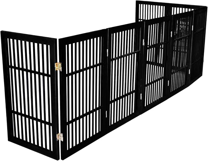 Urnporium Pet Dog Gate Freestanding, Strong Durable Folding Wooden Fence, Portable Acacia Hardwood Safety Barrier for Indoor & Outdoor Use (Black Pet Gate, 8 Panel 30" Tall)