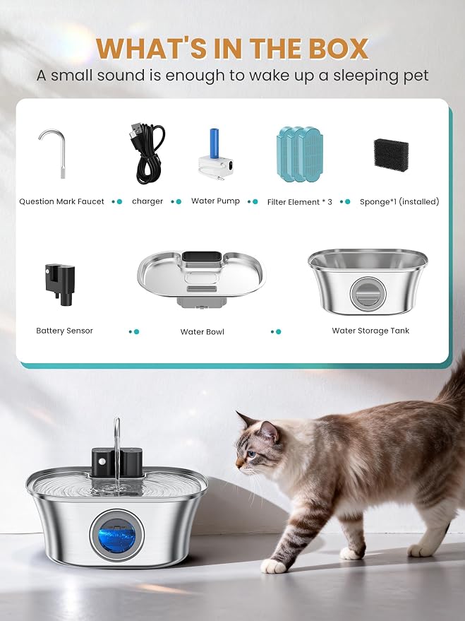 Cat Water Fountain Stainless Steel Cat Fountains for Drinking-108oz/3.2L Quiet Water Fountain for Cats Wireless Cat Water Fountain with Water Level Window for Cats&Dogs Indoor (3 Filter)