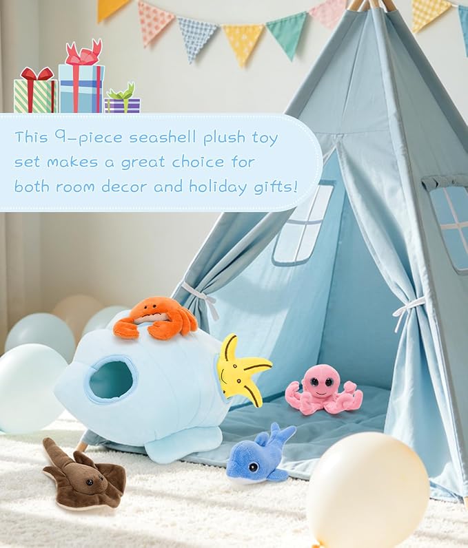 Muiteiur 11.42" Blue Ocean Plush Sea Animals Set with Storage Shell | Soft 9 PCS Ocean Animal Plush Set with Storage Shell for Toddlers and Kids, Sensory Llearning and Montessori Travel Play