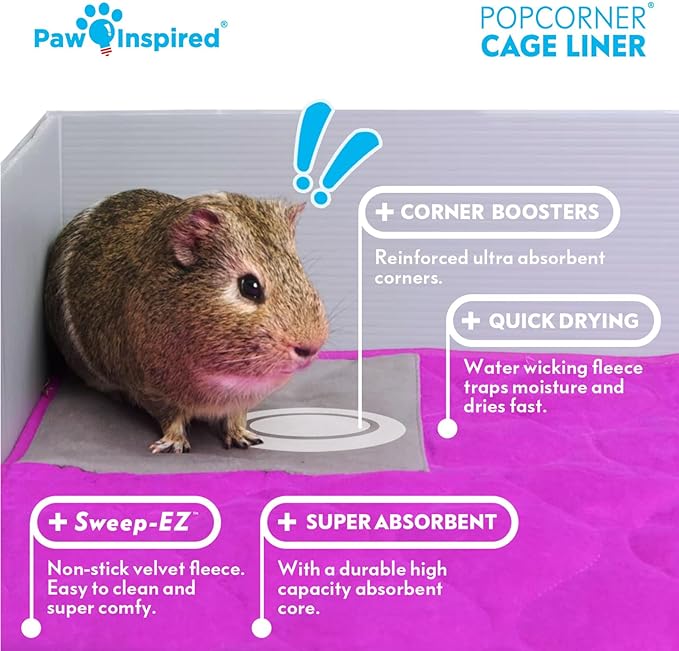 Paw Inspired PopCorner Guinea Pig Cage Liners | Washable Fleece Bedding or Pet Bed Mat for Small Animals | Super Absorbent Pee Pad with Reinforced Corners and Waterproof Bottom (Midwest, Blue)