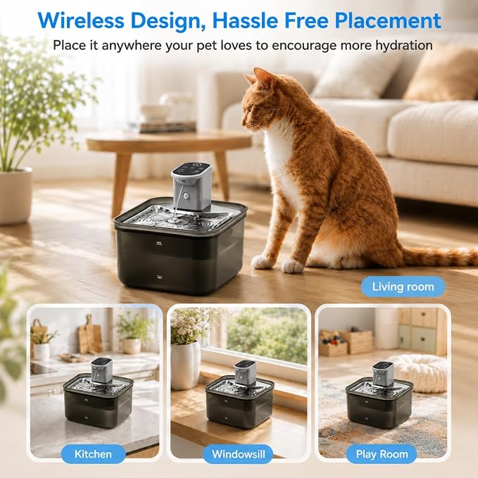 Wireless Cat Water Fountain, 118oz/3.5L Cordless Pet Water Fountain with Motion Sensor, 4000mAh Large Capacity Rechargeable Battery Operated Cat Water Dispenser Ultra Quiet BPA-Free