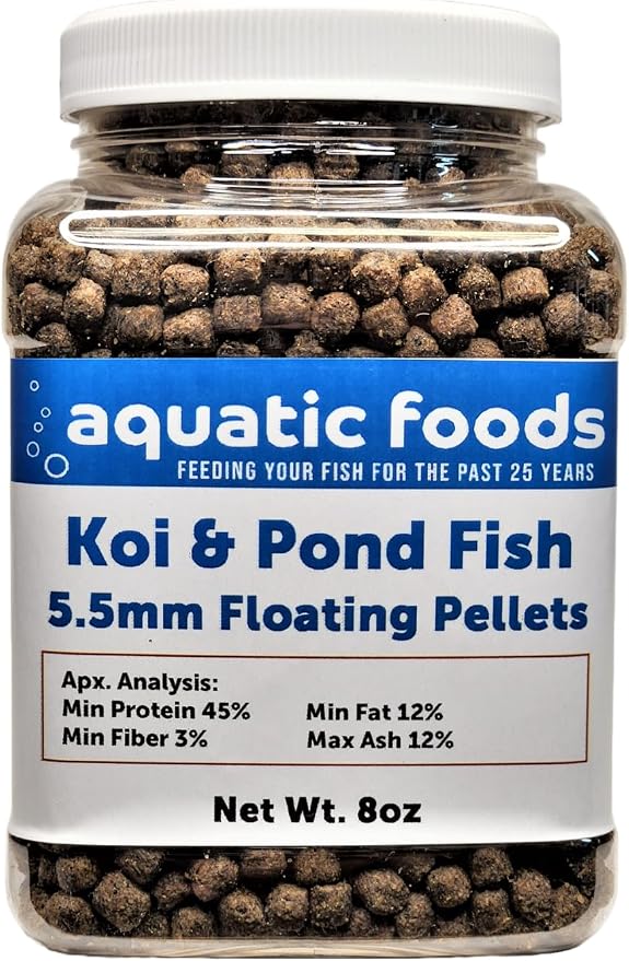 Koi and Pond Fish Pellet Food, 45% Protein 5.5mm Floating Koi Pond Pellets…8oz Jar