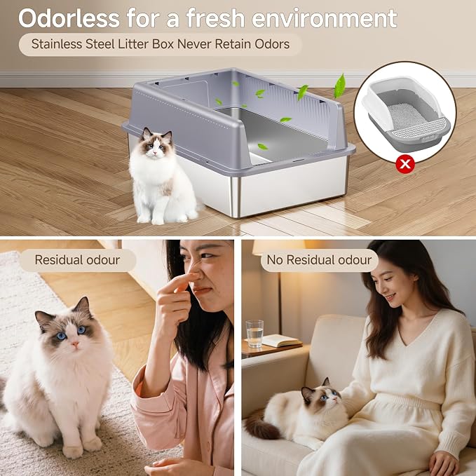 XXXL Stainless Steel Cat Litter Box with Lid (Gray-B)
