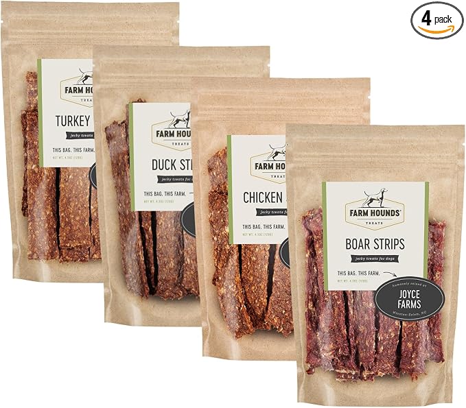 Farm Hounds - Strips Bundle - Boar, Chicken, Duck & Turkey - Premium Natural Jerky For Dogs - Humanely Raised - Break-To-Size - For Training & Treats - No Added Fillers - Made in USA - 4.5 oz - 4 Pack
