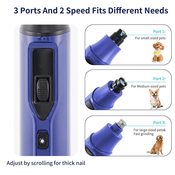 Dog Cat Nail Grinder with LED Light, 7 Speed Adjustable, Quiet Pet Nail Trimmer with 1 Grinding Heads, Cat and Dog Nail Clipper