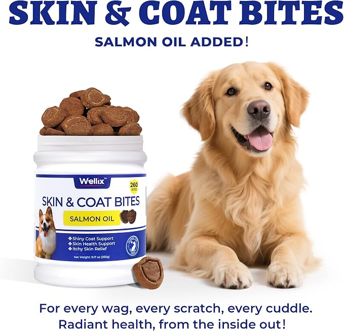 Wellix 260 Bites Dog Skin and Coat Supplement - Affordable, Long-Lasting Omega 3 Fish Oil for Dogs - Supports Skin & Coat, Itching Relief & Anti-Shedding Tasty Dog Allergy Chews