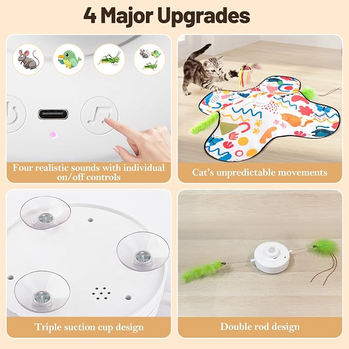 Interactive Cat Toys, Automatic Hide and Seek Cat Toys for Indoor Cats with 4 Lifelike Sounds, Touch Activated, Motorized Wand Feather, and Moving Butterfly for Bored Adult Kitten Cats