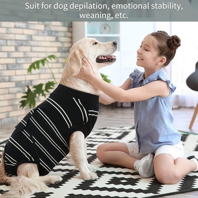Kuoser Dog Surgery Recovery Suit, Soft Breathable Dog Recovery Suit for Female Spay Male Nueuter, Anti Licking Puppy Onesie Pet Surgical Suit for Dogs Abdominal Wounds Skin Disease, Black Strips 2XL