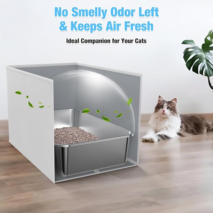 23.6" x 15.7" x 6" Stainless Steel Litter Box with Litter Box Enclosure Splash Guard for Big Cats, Multi-Cats, High Sided Sifting Litter Box for Non-clumping Litter, Easy Cleaning for Long-Lasting