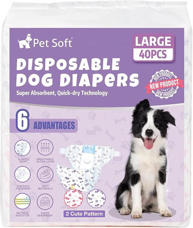 Pet Soft Female Dog Diapers - Disposable Doggie Diapers with Wetness Indicator, Puppy & Cat Diaper Super Absorbent, Fit for Female Dog in Heat or Incontinence, 40pcs (L, Mixed)