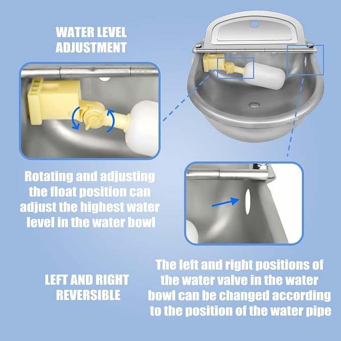 Automatic Animal Drinking Water Bowl with Float Valve, Extended Pipe, Stainless Steel Waterer Feeder Farm Dog Dispenser Kit Self Filling for Livestock Horse Goat Water Trough