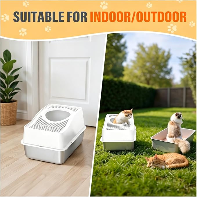 Top Entry Cat Litter Box with Lid, Stainless Steel Enclosed Cat Kitty Litterbox, Top Opening Large Enclosure Metal High Side Litter Pan Tray Box Dog Proof, Easy Cleaning, White