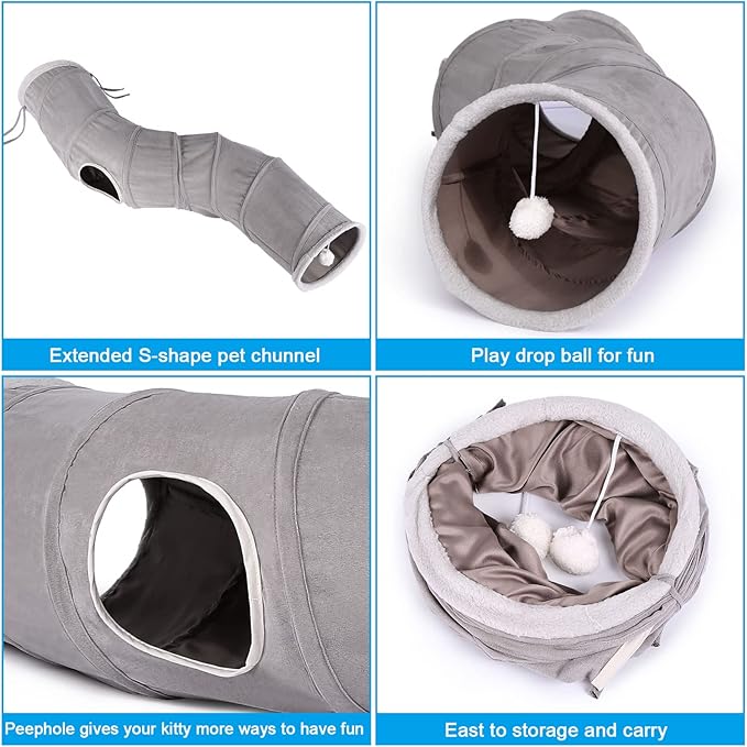 Ownpets Cat Tunnel 48 inch Long S-Shape Collapsible Cat Play Tunnel with Interactive Feather Wand Large Pet Tunnel Tube Toy for Cat Kitten Kitty Puppy Rabbit