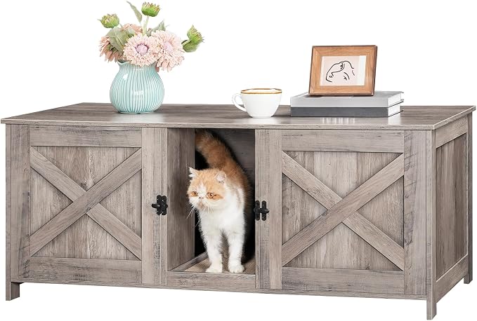 MAHANCRIS Cat Litter Box Enclosure for 2 Cats, 47.2" Hidden Cat Litter Box Furniture with Double Room, Wooden Washroom Cabinet with Scratching Board, Indoor House End Table, Greige CWHG1201