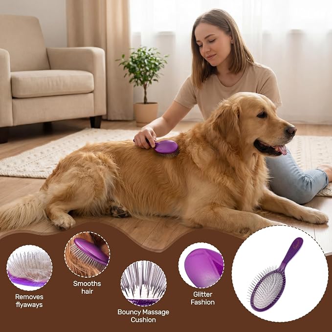 Slicker Brush for Dogs, Professional Pet Grooming Brush, 27mm Oval Stainless Steel Pin, Sparkle Glitter Handle, Anti-Static Round-Tipped Pins, Gentle Massage & Shedding Comb for Long Haired Dogs