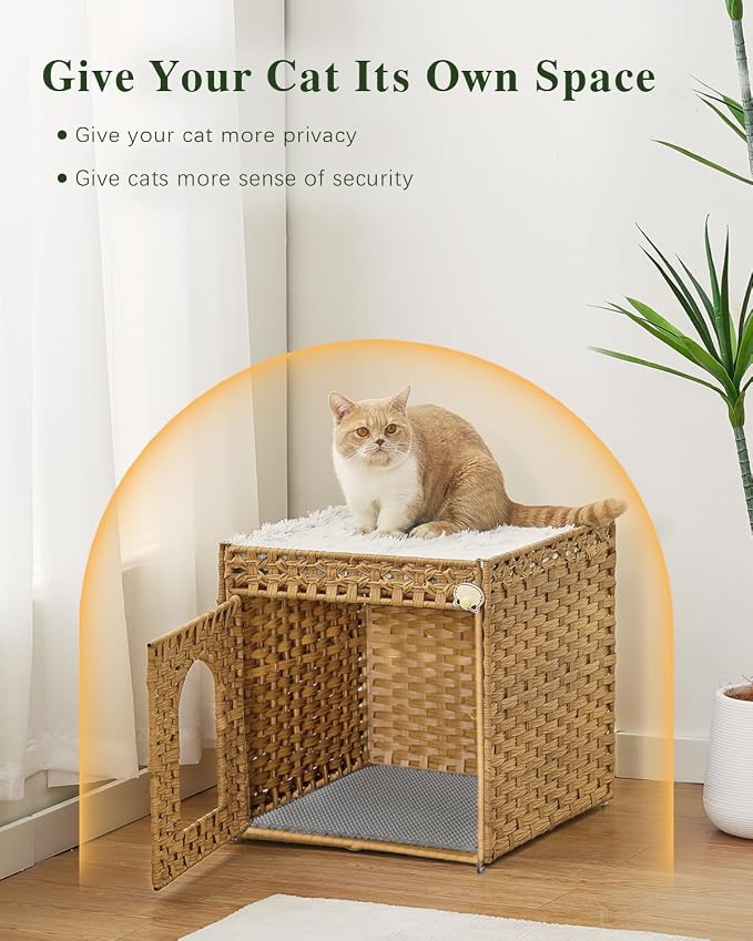 SETVSON Cat Litter Box Enclosure Furniture with One Cat Bed Pad, Hidden Litter Box Handwoven Rattan Cat House with Two S-Shaped Hooks for Living Room, Bedroom, 18.5 x 20.5 x 19.1 Inch,Natural