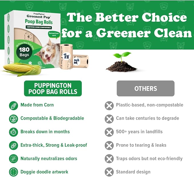 Puppington Certified Home Compostable Poop Bags - ASTM D6400 Compliant - 180 Extra Thick Bags - Plant Based - Pairs with Puppington 3-in-1 Bag & Fits all Standard Poop Bag Dispensers (Vanilla Cream)