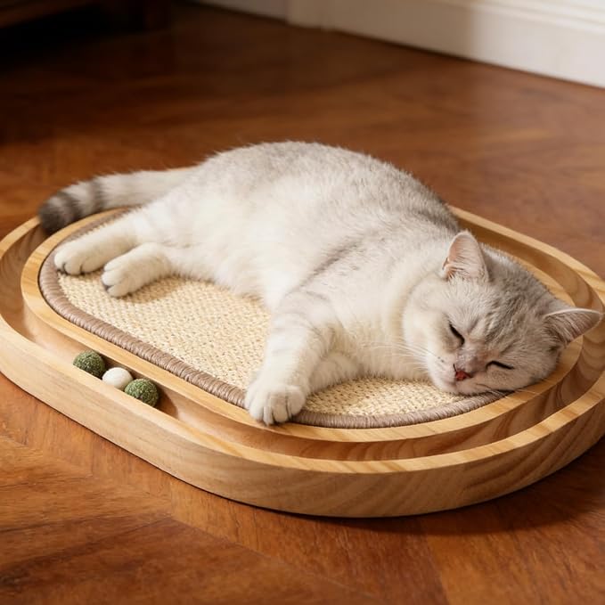 Sisal Cat Scratcher Toy, Natu sisal cat Scratching pad, Ball Track Wooden Interactive Cat Toy Ball, Catnip Ball, for Cats Chasing, Hunting, Mental Physical Exercise Puzzle