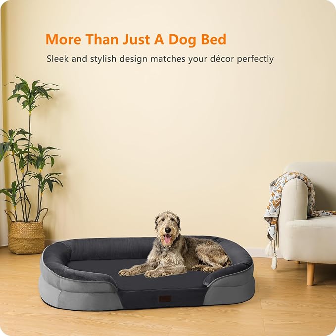 Dwanton Orthopedic Dog Bed for Extra Extra Large Dogs with Gel Memory Foam, Waterproof Dog Sofa, Washable Pet Bed with Four Sided Bolster Cushion, Removable Cover & Non-Slip Bottom, 53", Dark Grey