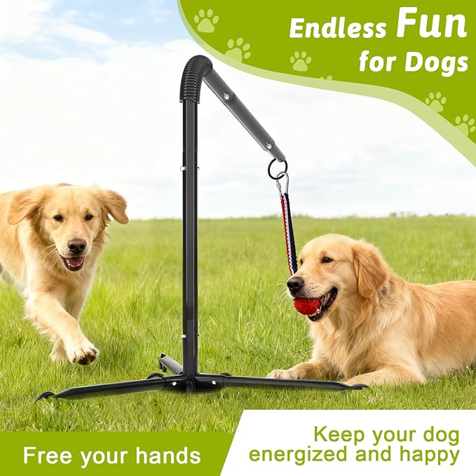 Outdoor Dog Tug Toy for Backyard, Dog Tether Toy, Adjustable Height Durable Spring Pole Dog Toy for Small Medium Dogs, Interactive Hands-Free Dog Exercise Toy with 2 Chew Rope Toys