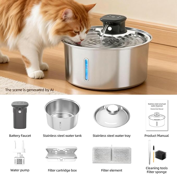 Wireless Cat Water Fountain,Cat Water Fountain Stainless Steel 3.2L/108oz Large Capacity Battery Operated Pet Water Fountain Indoor with Motion Sensor for Cats Dogs BPA-Free(P01B)