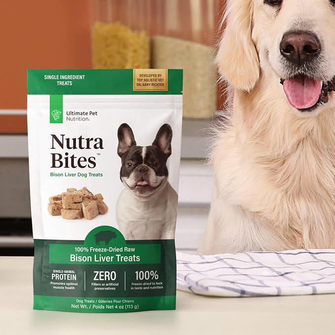 ULTIMATE PET NUTRITION Nutra Bites Freeze Dried Raw Single Ingredient Training Treats Food Topper for Dogs, 4 Ounces, Bison Liver