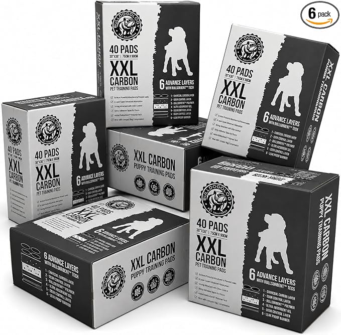 Bulldogology Charcoal XXL Dog Pee Pads with Adhesive Sticky Tape Extra Large Puppy Training Pads Ultra Absorbent Leak Proof Odor Control Carbon Pads 240 Count 30" x 36"