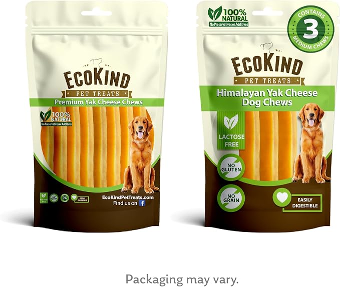 EcoKind Yak Cheese Himalayan Dog Chews, Yak Chews for Medium Dogs, Long Lasting Bone for Aggressive Chewers, 3 Ingredients, High Protein Natural Dog Treat, No Additives, Lactose Free, Medium - 3 Chews