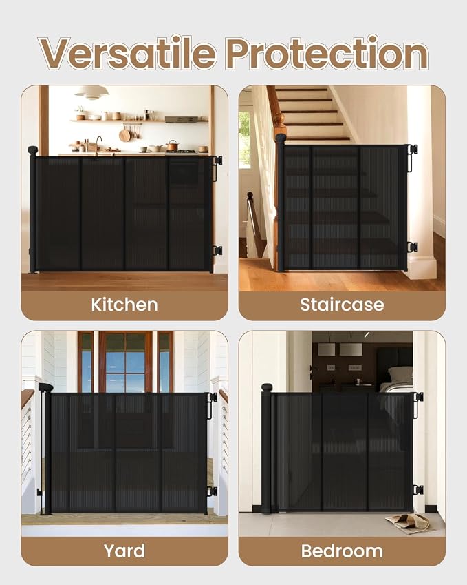 Retractable Baby Gate, 55" Wide Reinforced Mesh Baby Gate with 4 Fiberglass Support Rods for a Tighter Fit, 34" Tall Retractable Dog Gate for Stairways, Hallways and Doorways, Black