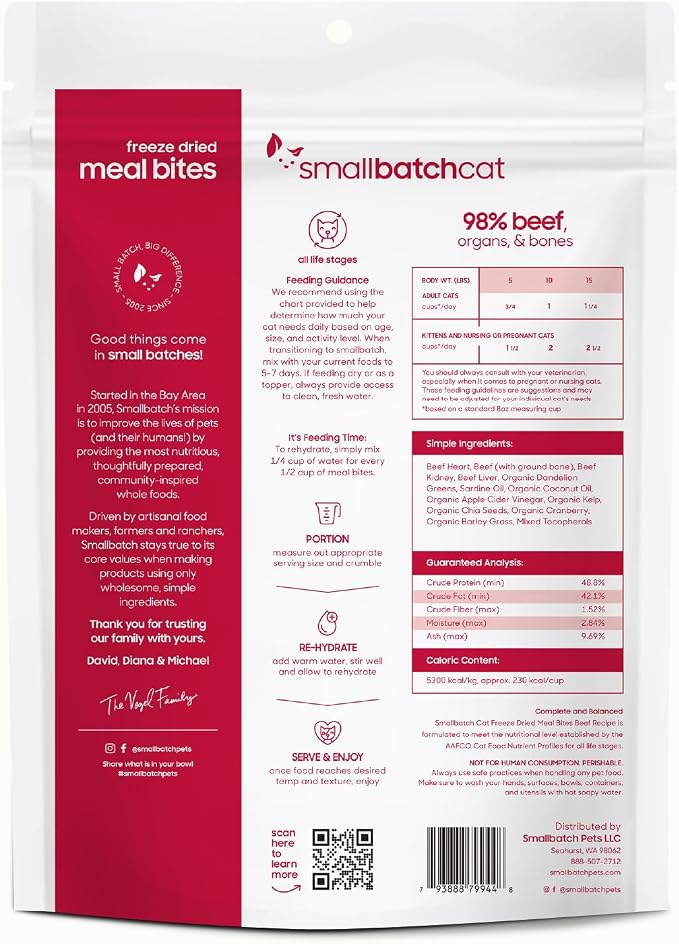 smallbatch Freeze-Dried Raw Cat Food, Shelf Stable Food Bites, Beef Recipe, High Protein Meal or Topper for Cats, Humanely Raised Meat, Organic, Non-GMO Produce, Made in the USA, 10oz Bag