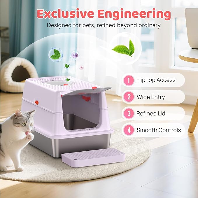 Stainless Steel Cat Litter Box with Lid, 180° Flip Top Kitty Litterbox, XL High Sided Enclosure Litter Pan for Big Cats, Front & Top Entry, Anti-Leakage, Odor-Free, Includes Scoop Mat, Purple Pink