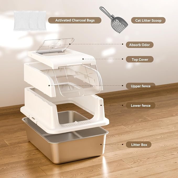 COURPAL® Stainless Steel Cat Litter Box with Lid - XL Large Enclosed/Open Litter Box with Anti Leakage Enclosure - Odor Free Hooded Litter Tray - Metal Covered Litter Pan Non-Stick Easy to Clean