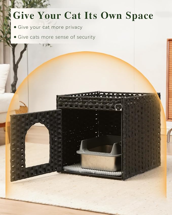 SETVSON Cat Litter Box Enclosure Furniture, Hidden Litter Box with Mat and Fence, Handwoven Rattan Cat House with Two S-Shaped Hooks for Living Room, Bedroom, 18.5 x 20.5 x 19.1 Inches (Black)