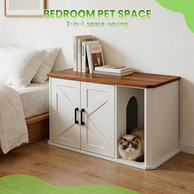 Modern Wooden Cat Litter Box Enclosure, Hidden Washroom Cabinet with Double Doors and Side Entry, Large Cat House End Table, Easy-Clean Sturdy Furniture