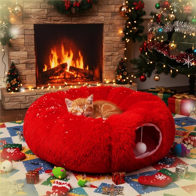 Thyle Christmas Cat Tunnel Bed Under Christmas Tree for Indoor Cats Xmas Pet Donut Tunnel with Cushion Foldable Round Pet Toy for Small Animals Kitten(3ft X 3ft X 9.8in,Red,Plush)